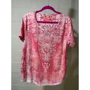 One World Rose Coral Embellished Bohemian  Paisley V Neck T Shirt Top Women's 1X